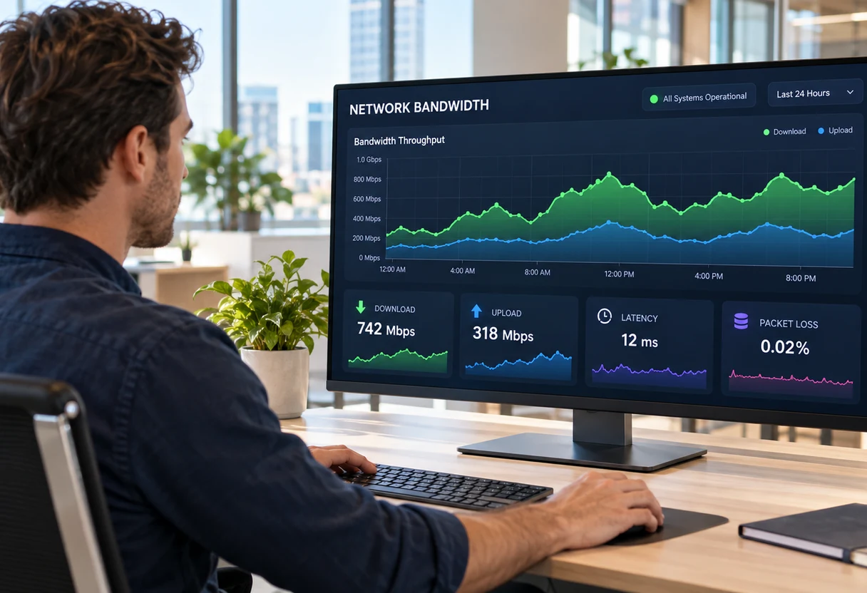 IT professional reviewing a network bandwidth performance dashboard