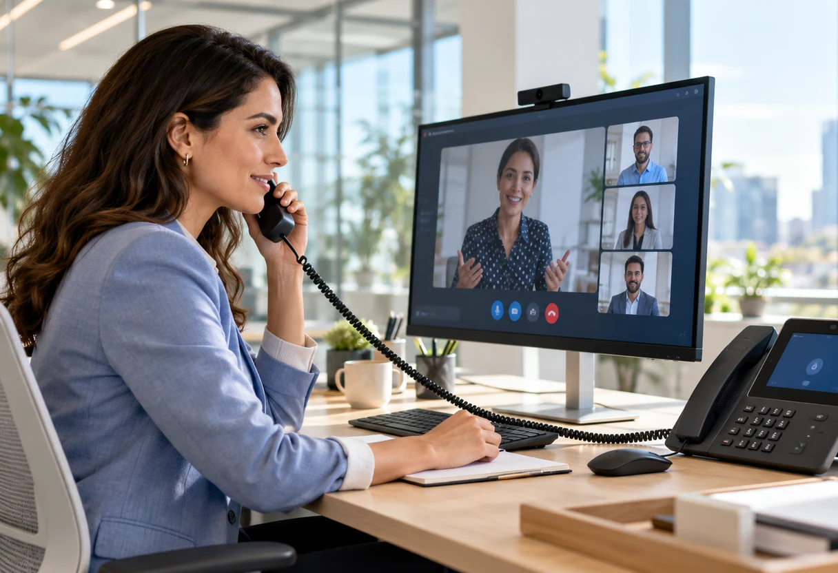 Professional using a desk phone alongside a monitor for integrated voice and video