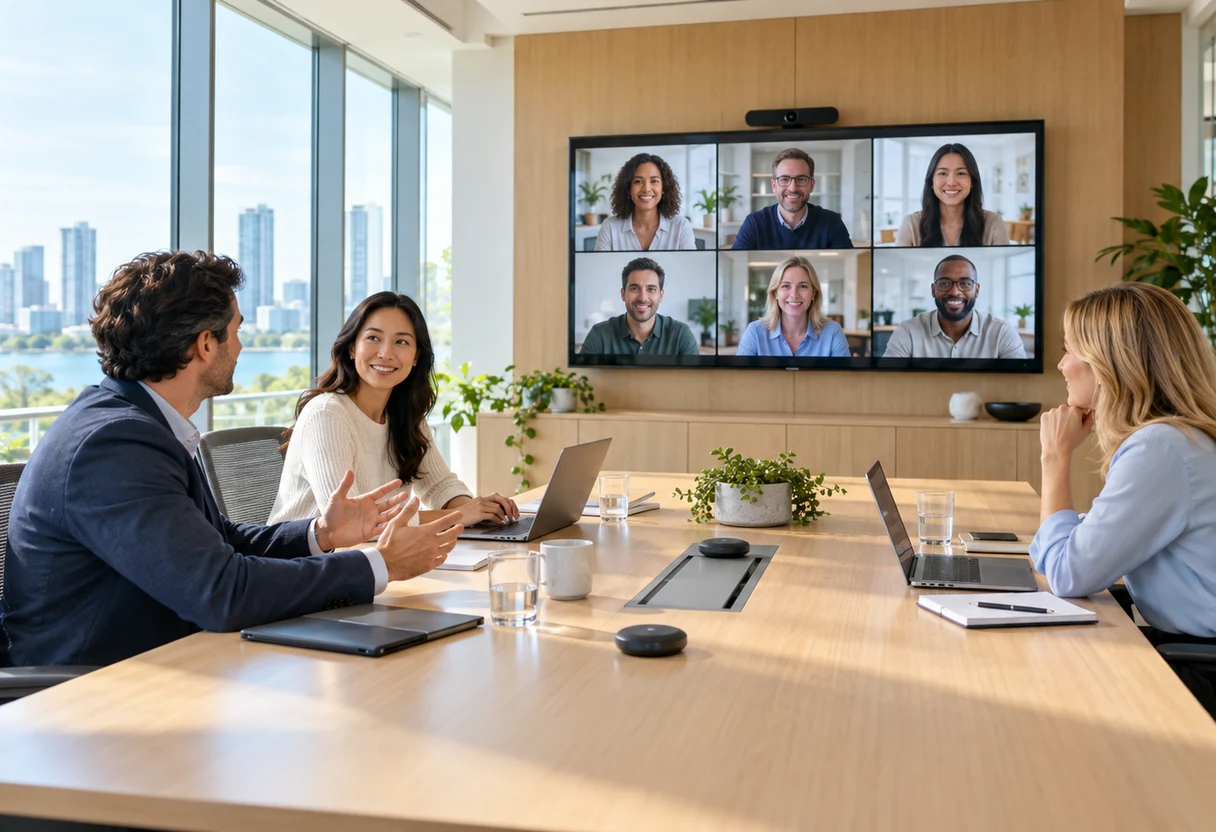Colleagues in a boardroom on a video call with remote participants on the wall display
