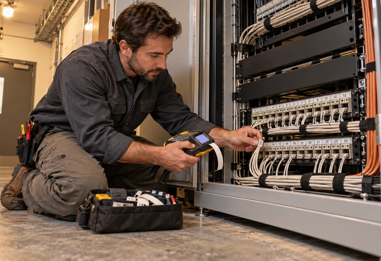 Technician terminating and labeling voice trunk lines at the base of an equipment cabinet