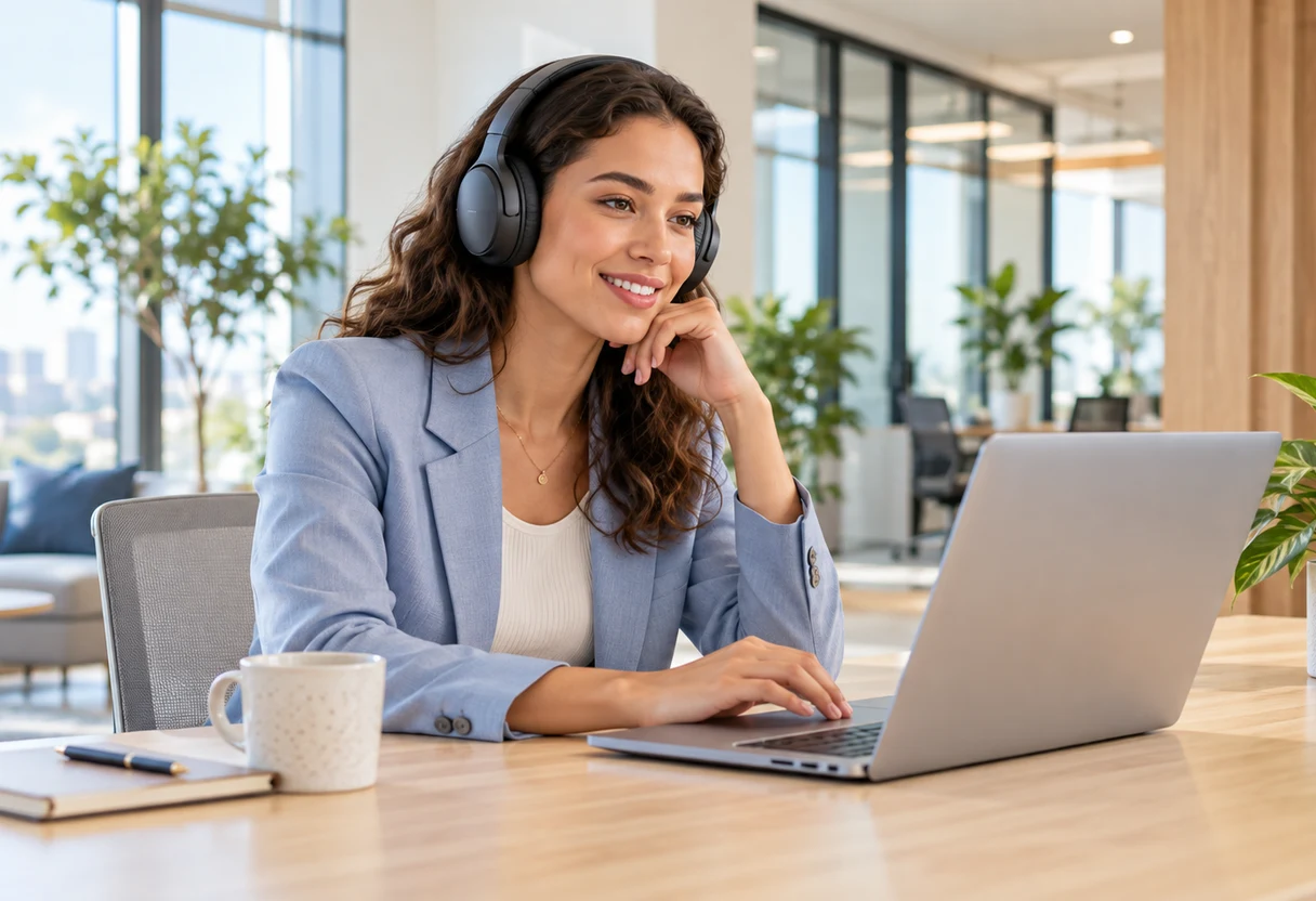 Professional wearing a wireless headset at a desk beside a laptop