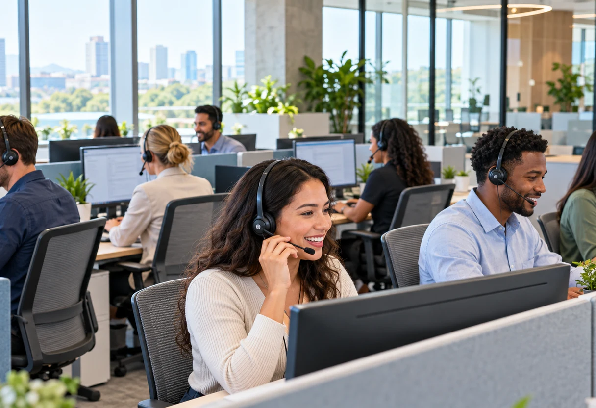 Busy contact center with employees at workstations wearing headsets