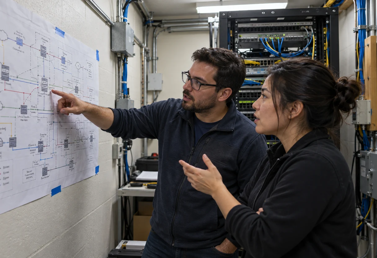Two colleagues reviewing a wall-mounted topology diagram in a telecom equipment room