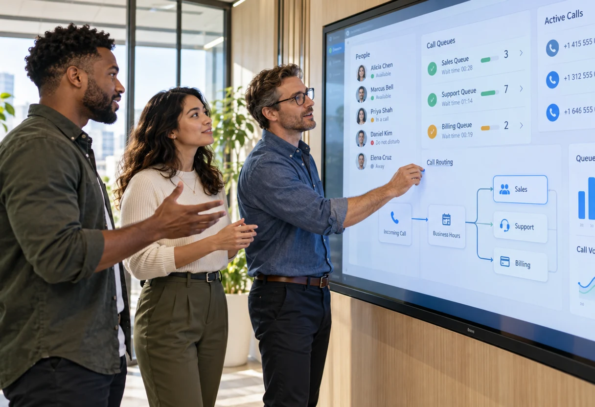 Team huddled at a wall touchscreen reviewing a unified communications dashboard