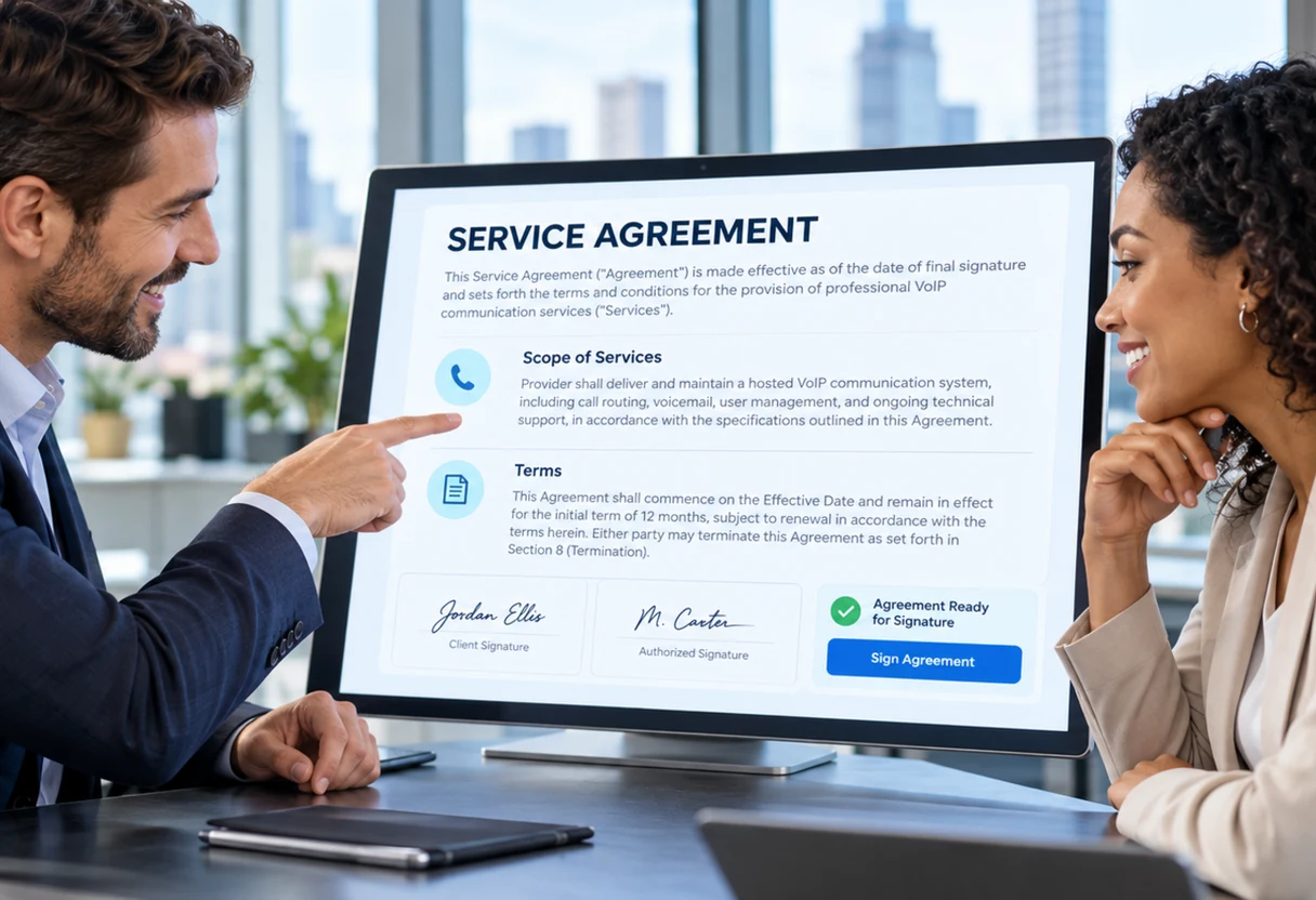 Two professionals reviewing a digital contract on screen while discussing terms
