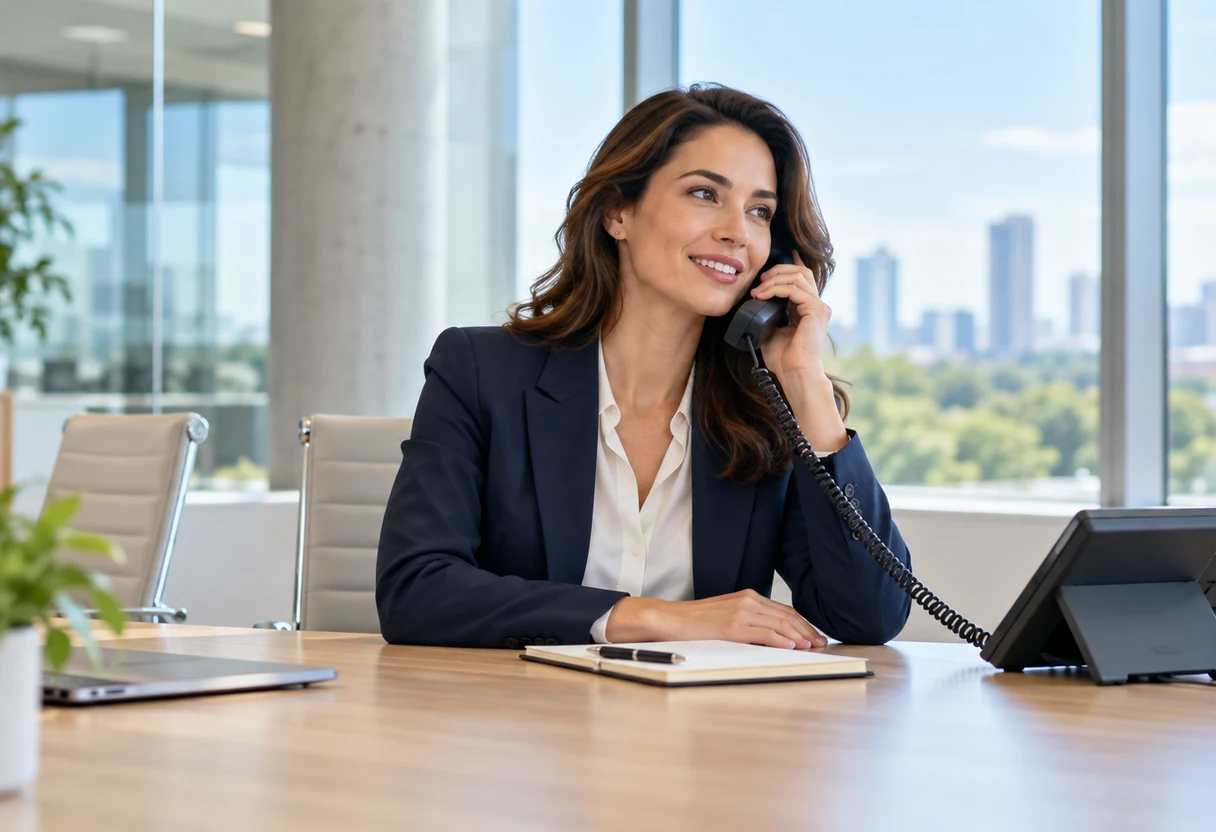 Professional using a desk phone with a coiled handset cord at a conference table