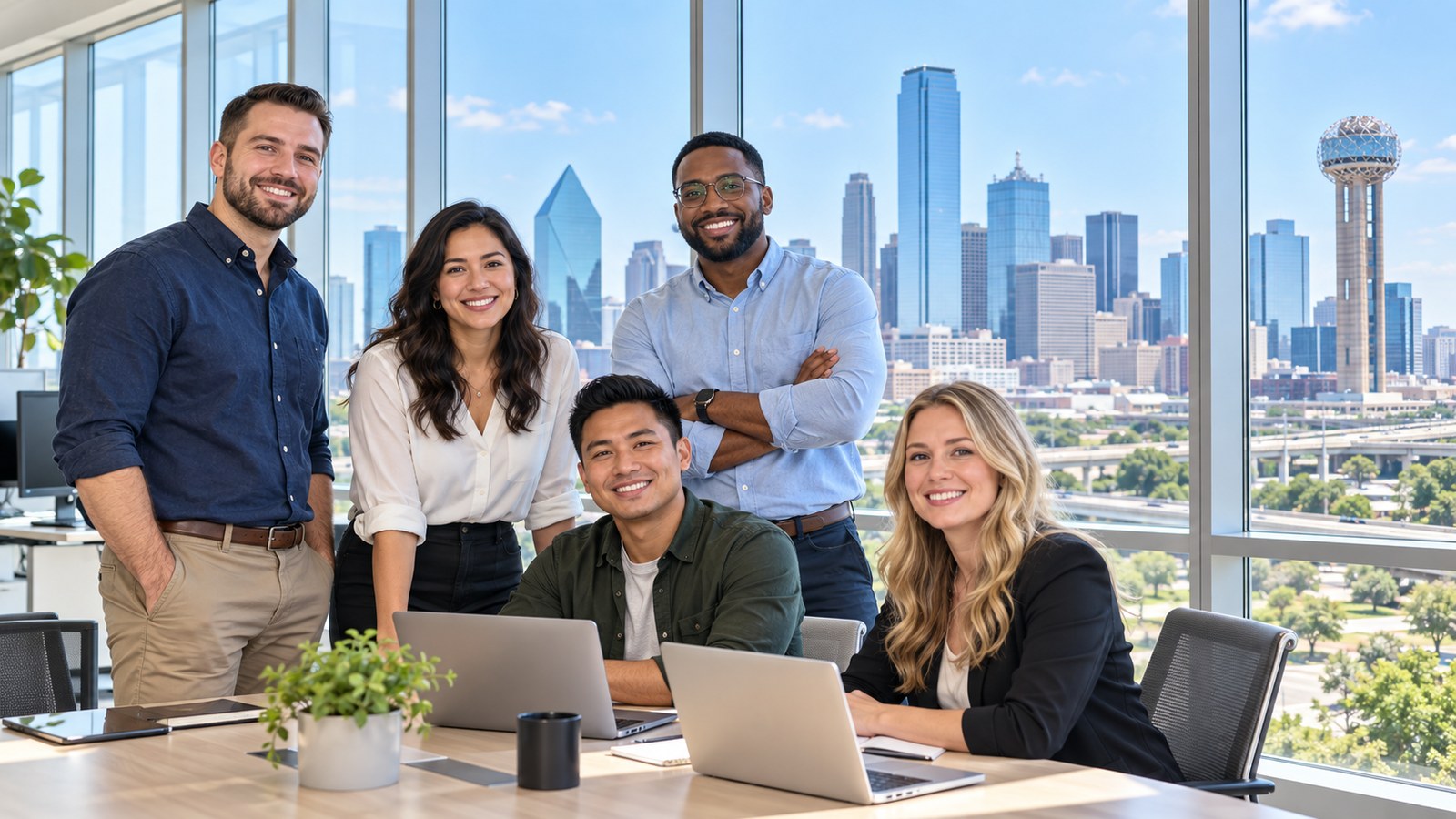 Dallas skyline behind an office team, representing managed IT services and cybersecurity across DFW