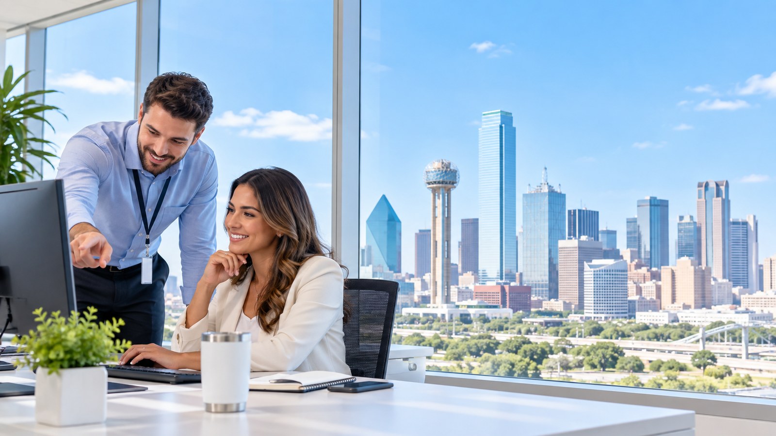 Dallas skyline seen through office windows behind a team at work, representing local IT support in Dallas