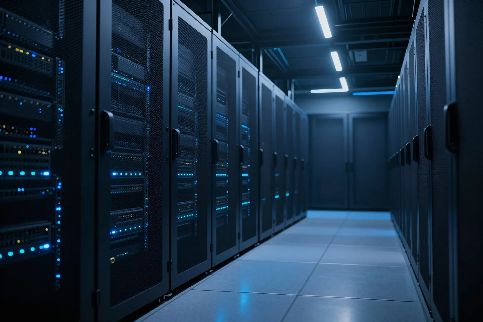 Security operations center with blue monitoring dashboards