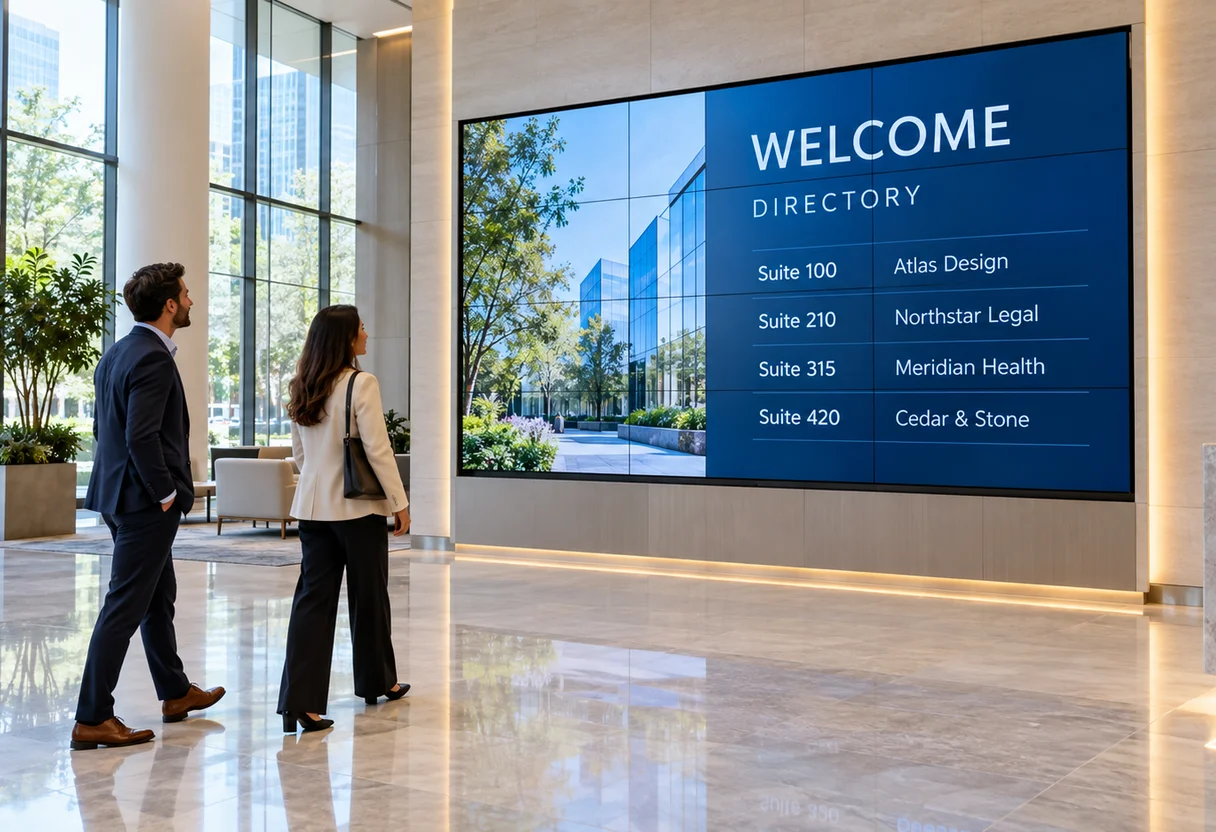 Visitors walking past a lobby video wall showing a welcome directory, representing enterprise digital signage