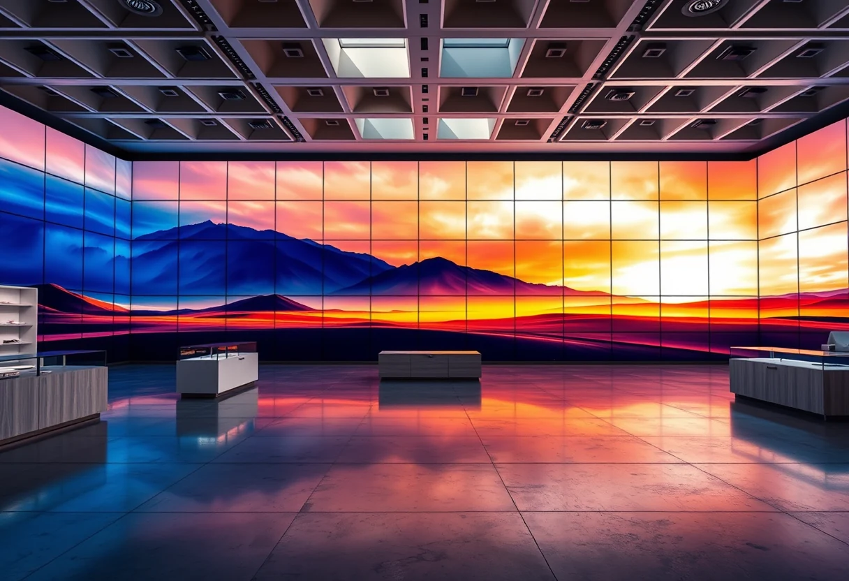 Vibrant digital signage video wall illuminating a lobby