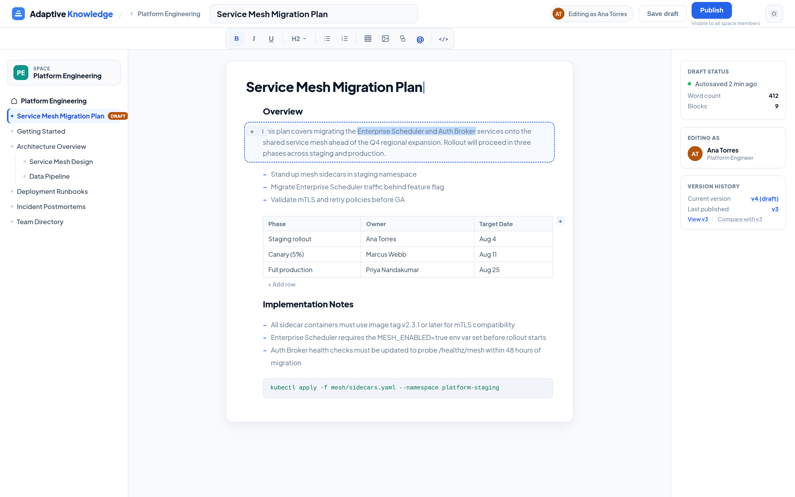 Adaptive Knowledge block editor with a formatting toolbar, tables, version history, and publish controls