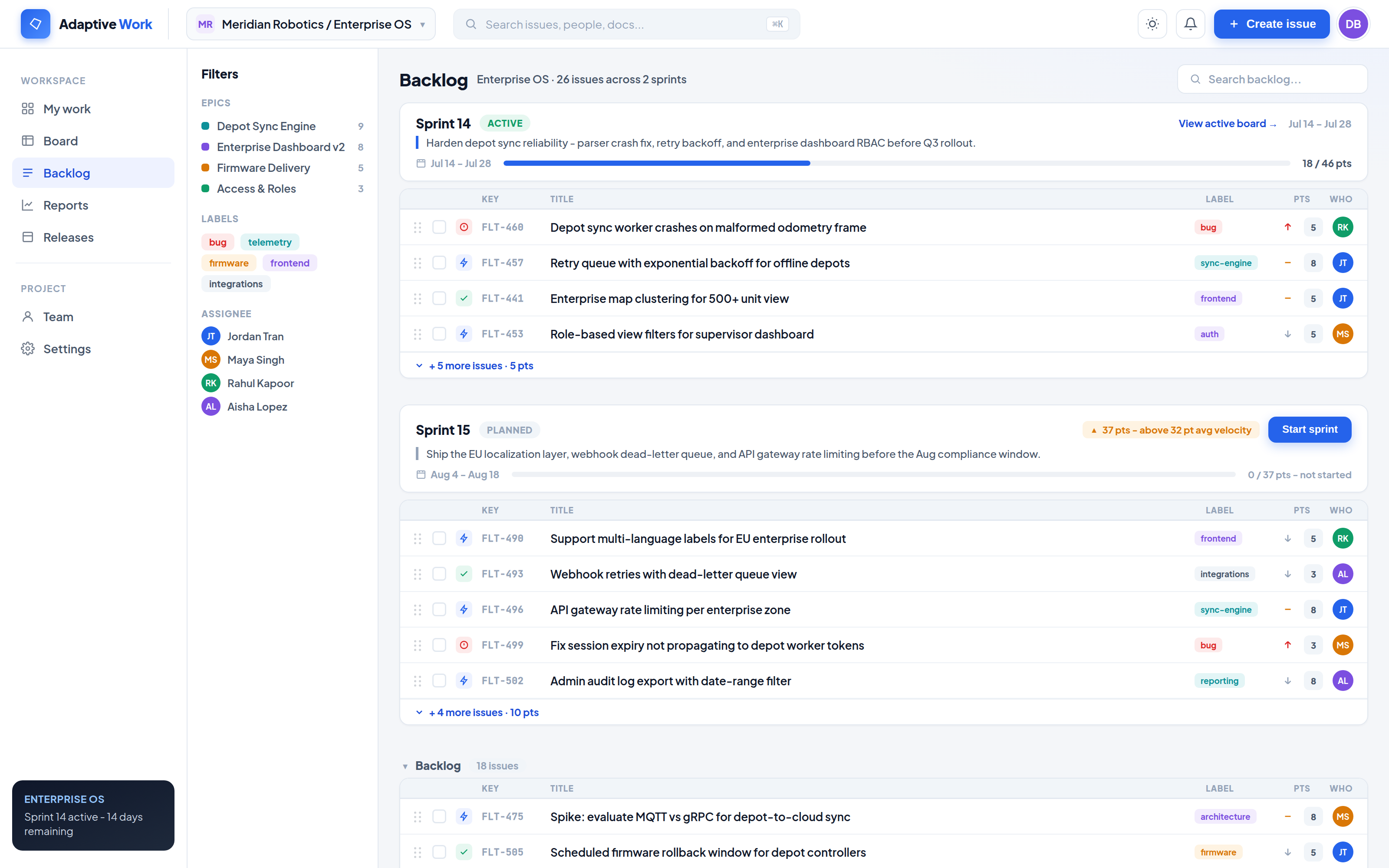 Adaptive Work backlog and sprint planning view with an active sprint, a planned sprint, and epic filters
