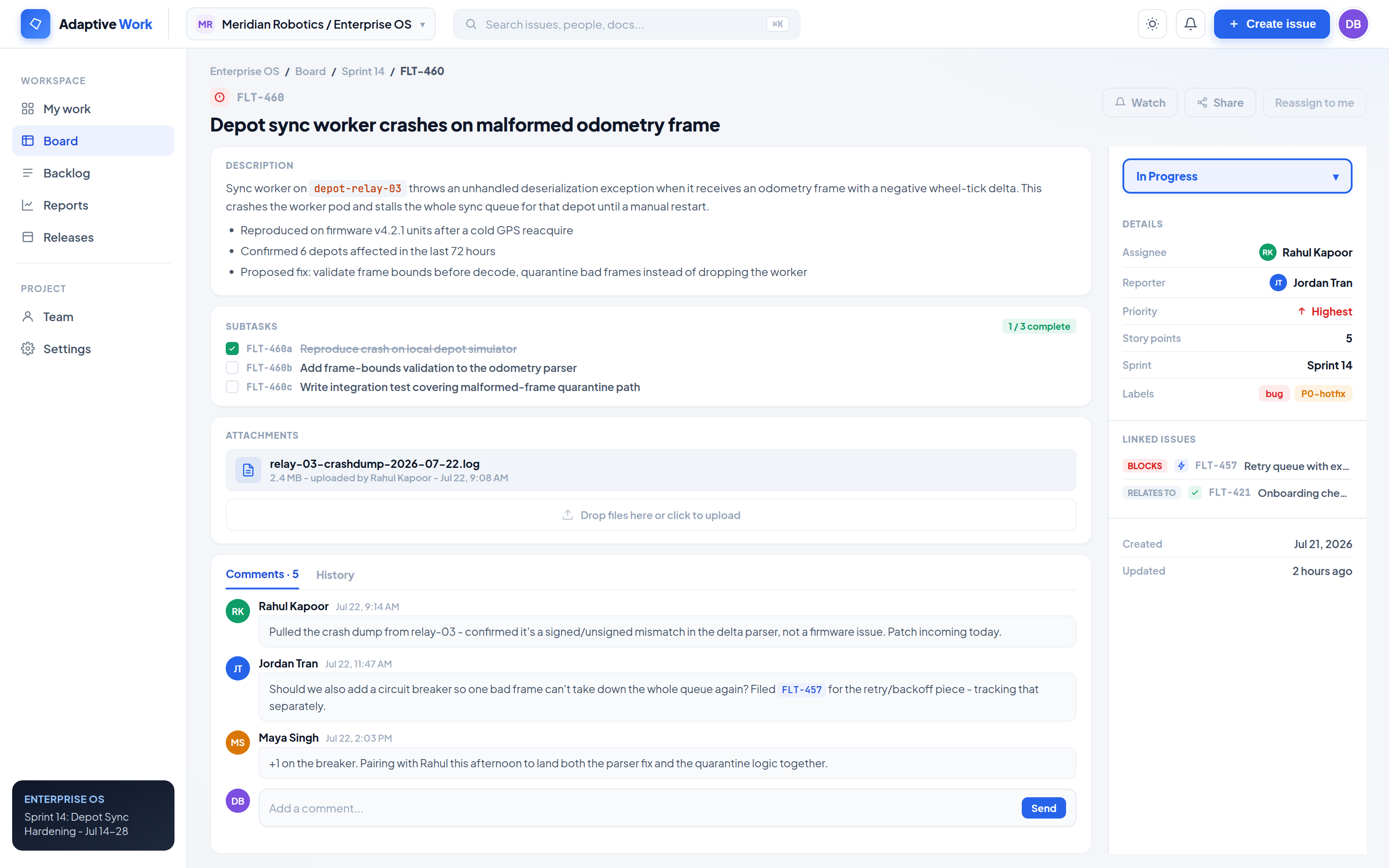 Adaptive Work issue detail with description, subtasks, attachments, status, and an approval and comment thread