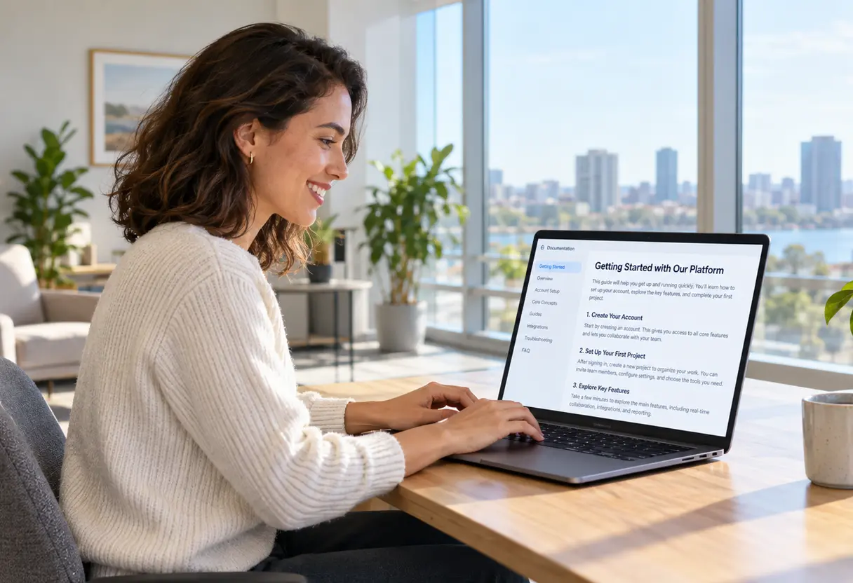 A person typing on a laptop displaying a readable documentation article in a bright modern office