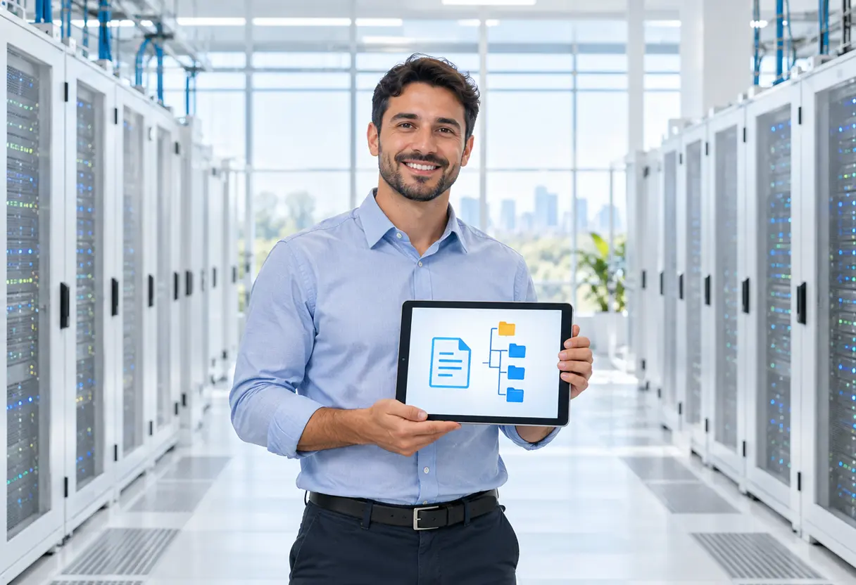 A technician holding a tablet showing a document and folder icon in a bright modern server room