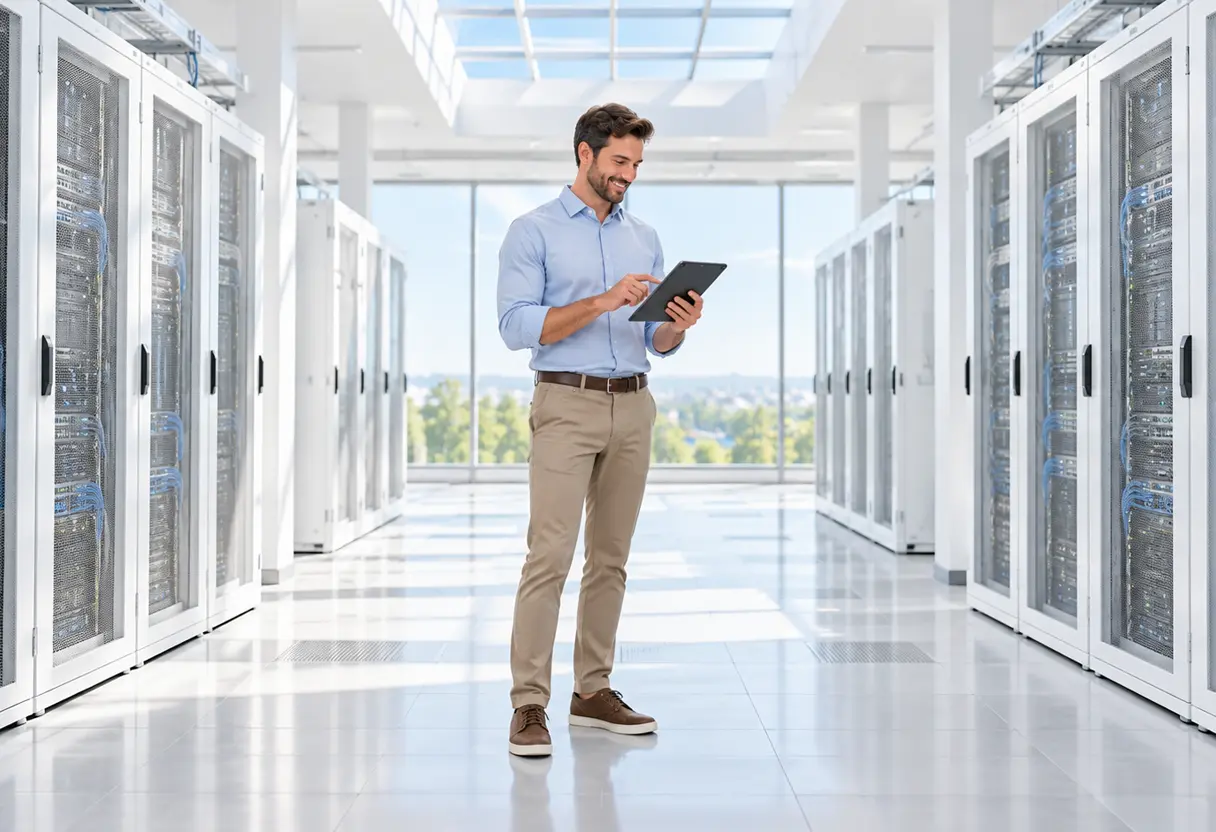 A technician reviewing a tablet in a bright modern server room with white server racks