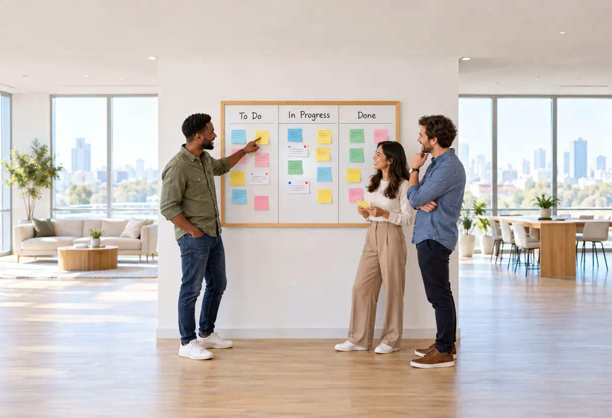Three colleagues reviewing a kanban board with To Do, In Progress and Done columns in a bright modern office