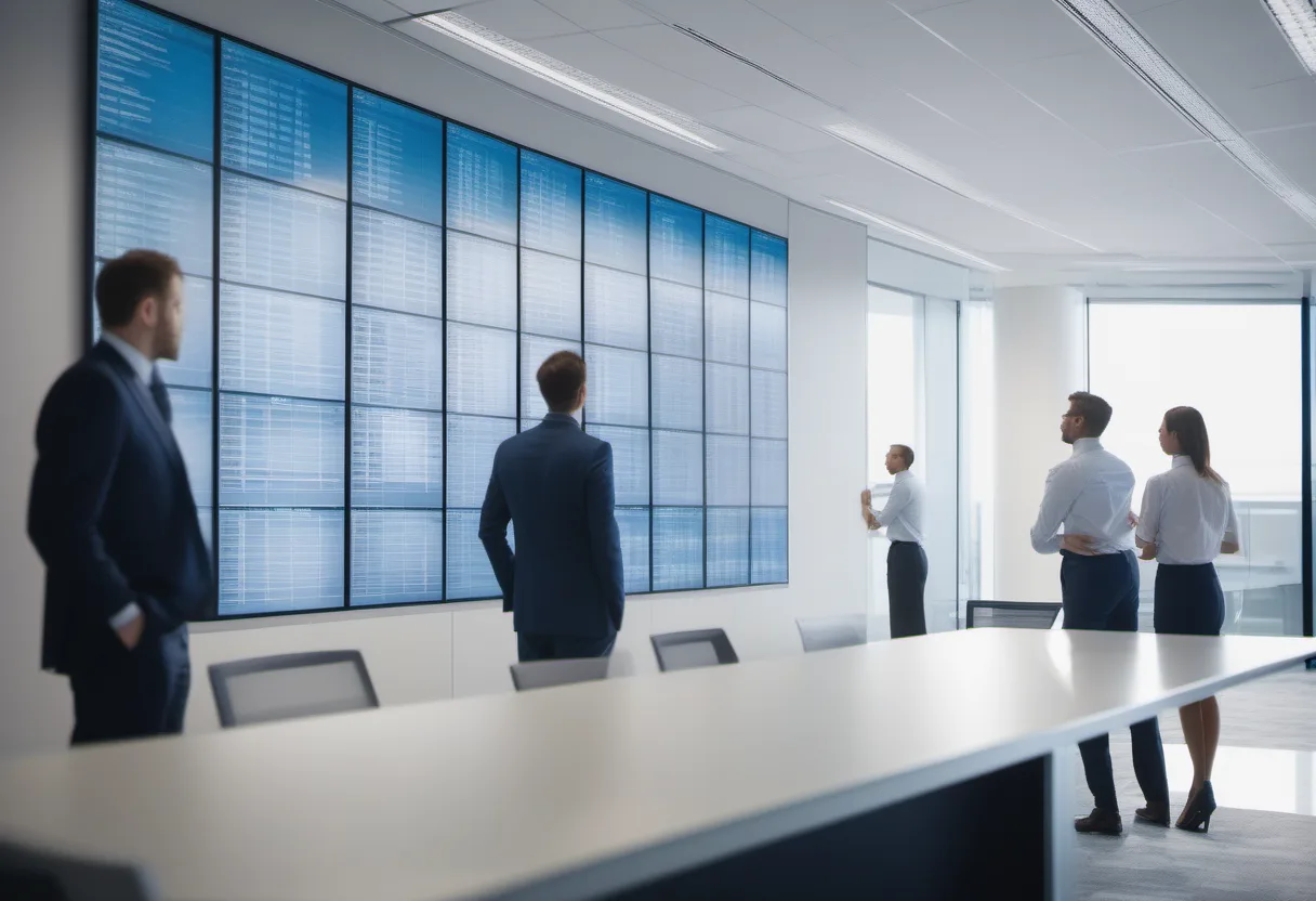 Team planning work on a board in a modern office