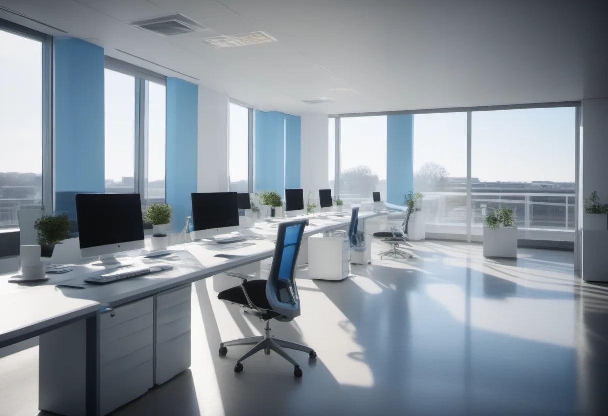 Bright modern office with a row of workstations