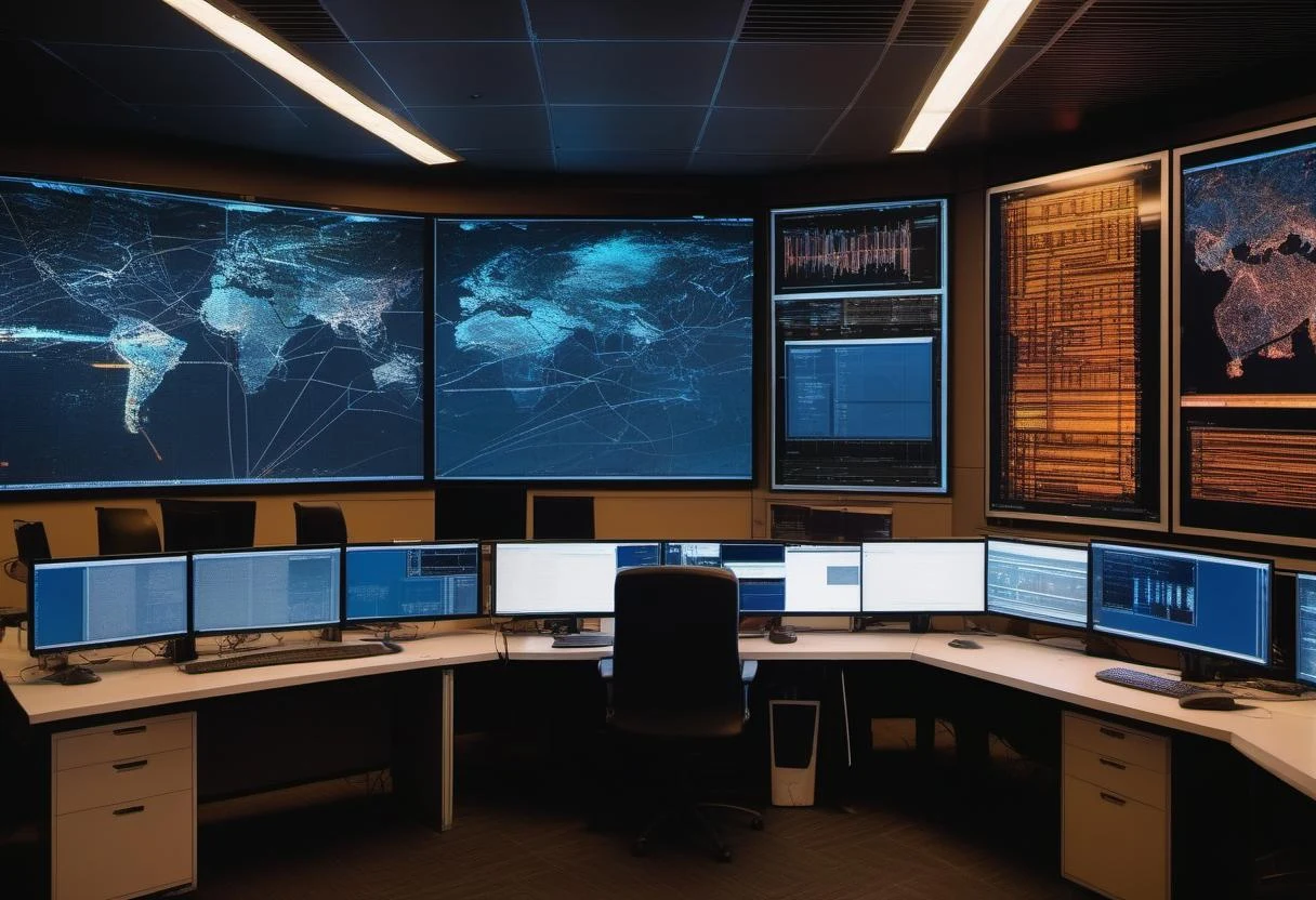 Network operations dashboards on an operations room wall