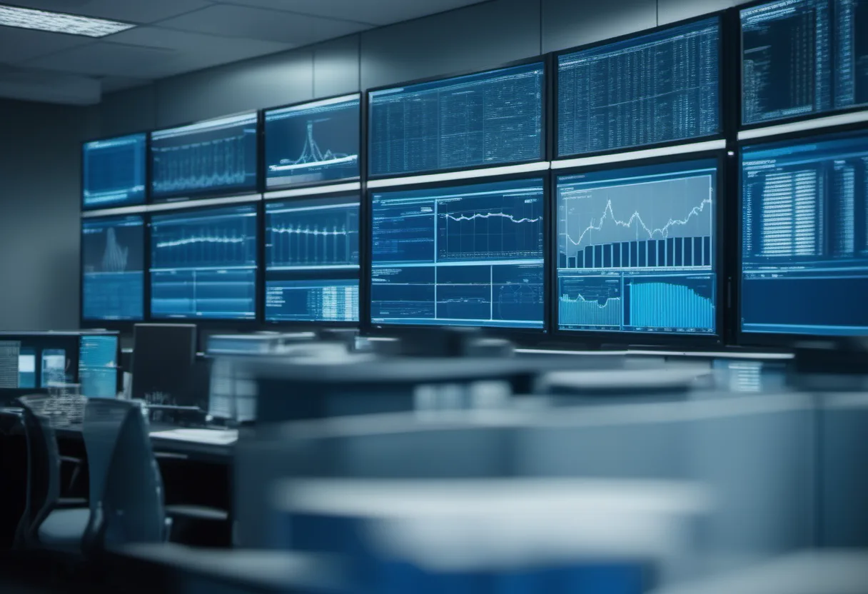 Network operations dashboards on an operations room wall