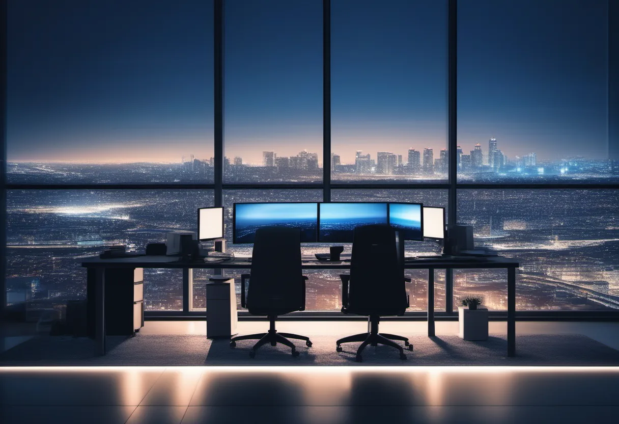 Security analyst workstation monitoring alerts at night