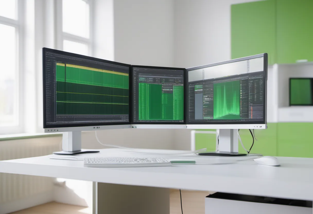Three monitors on a desk showing software interface
