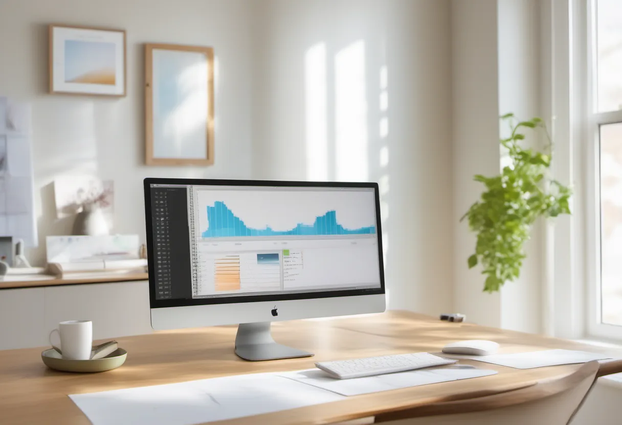 A bright office desk with a monitor showing a document or software interface
