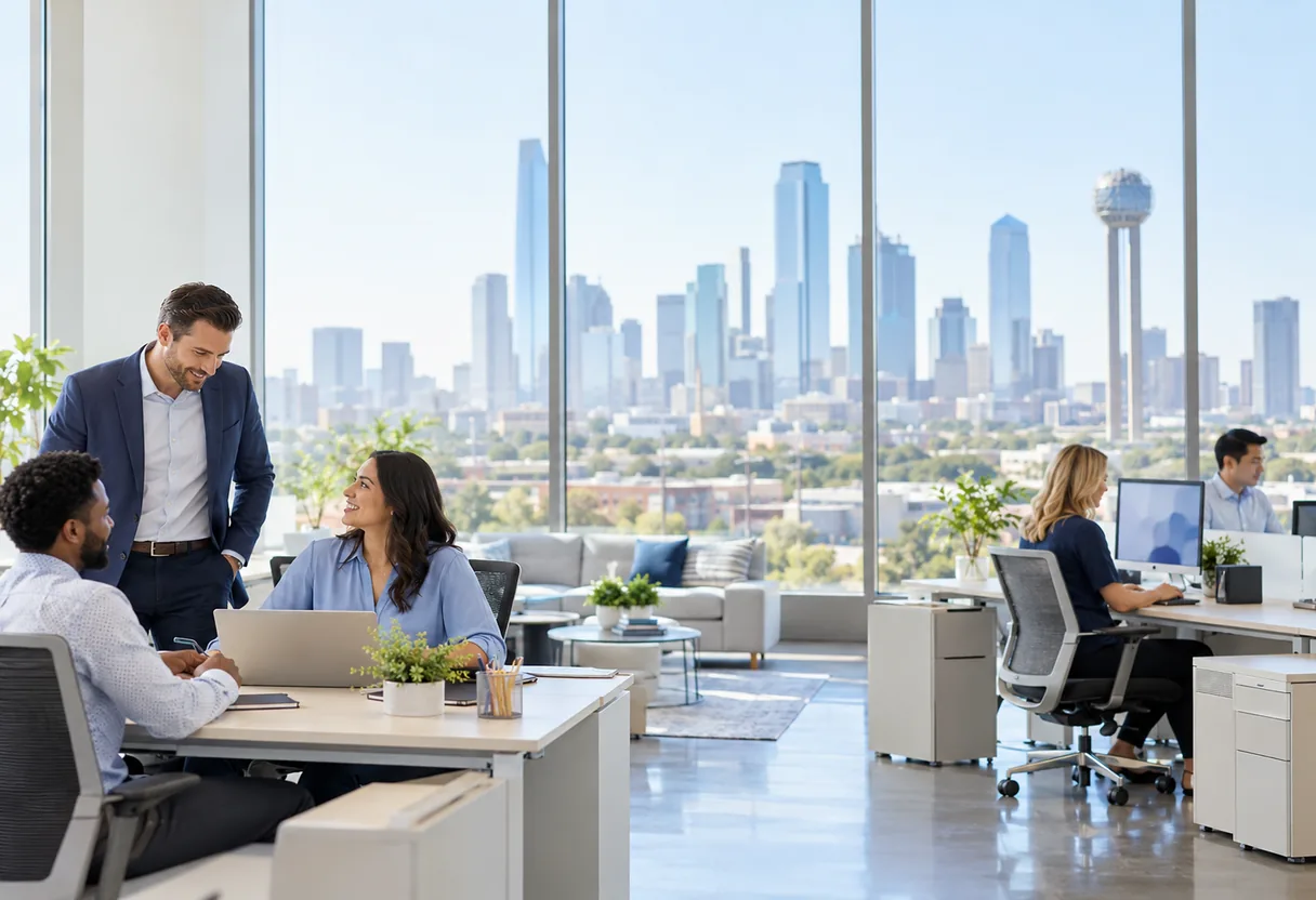 Colleagues working in a bright open office with the Dallas skyline and Reunion Tower in the windows