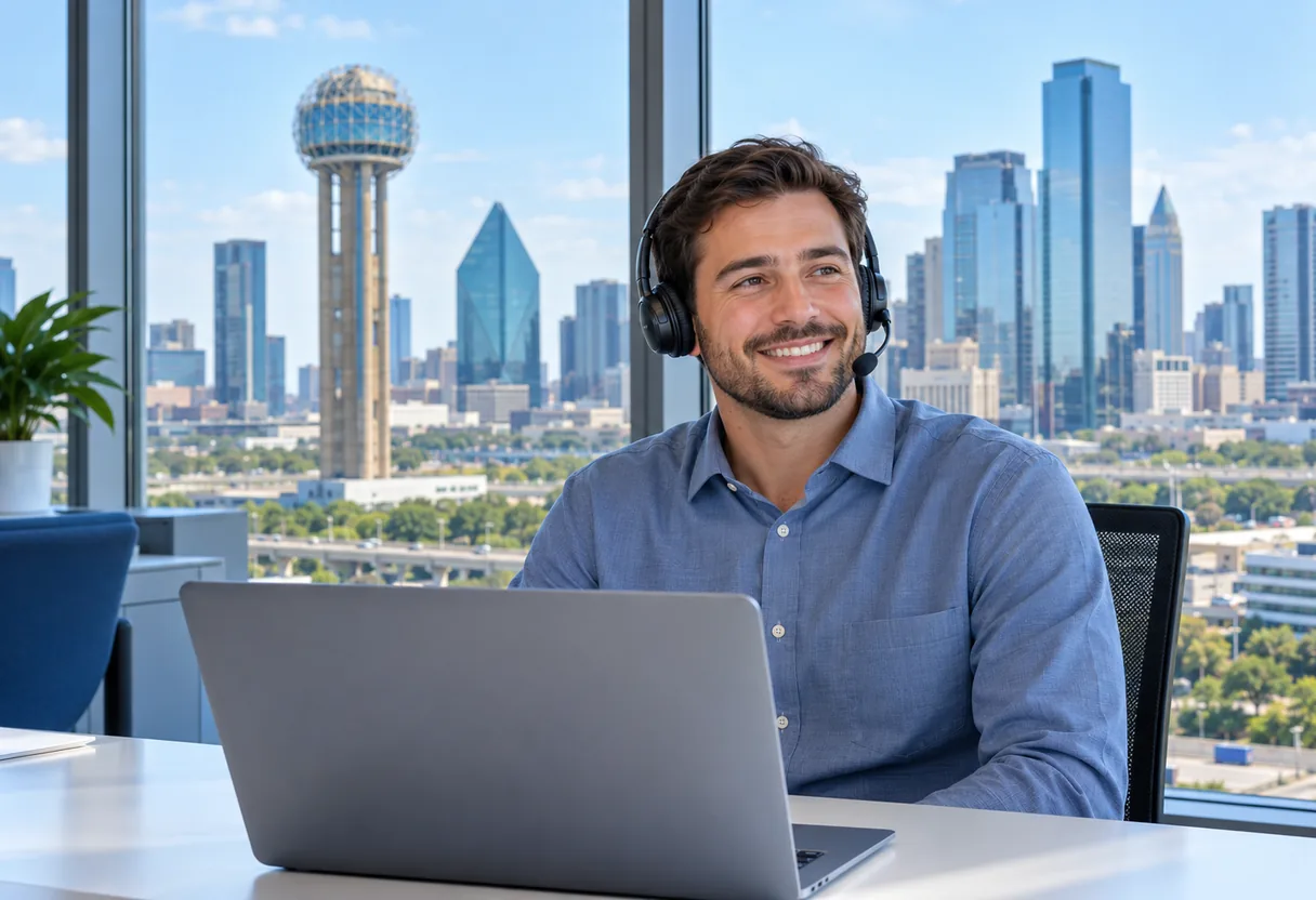 A smiling IT support technician wearing a headset at a laptop, with the Dallas skyline in the window behind