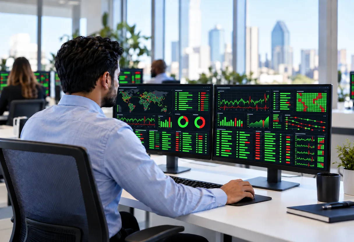An IT engineer at two monitors showing network monitoring dashboards with green and red status indicators, with the Dallas skyline behind