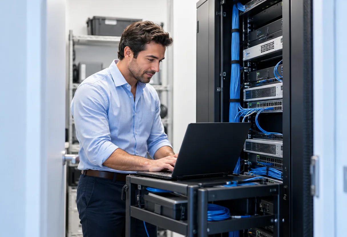 An IT technician working on a laptop next to a network rack with neatly bundled blue cables