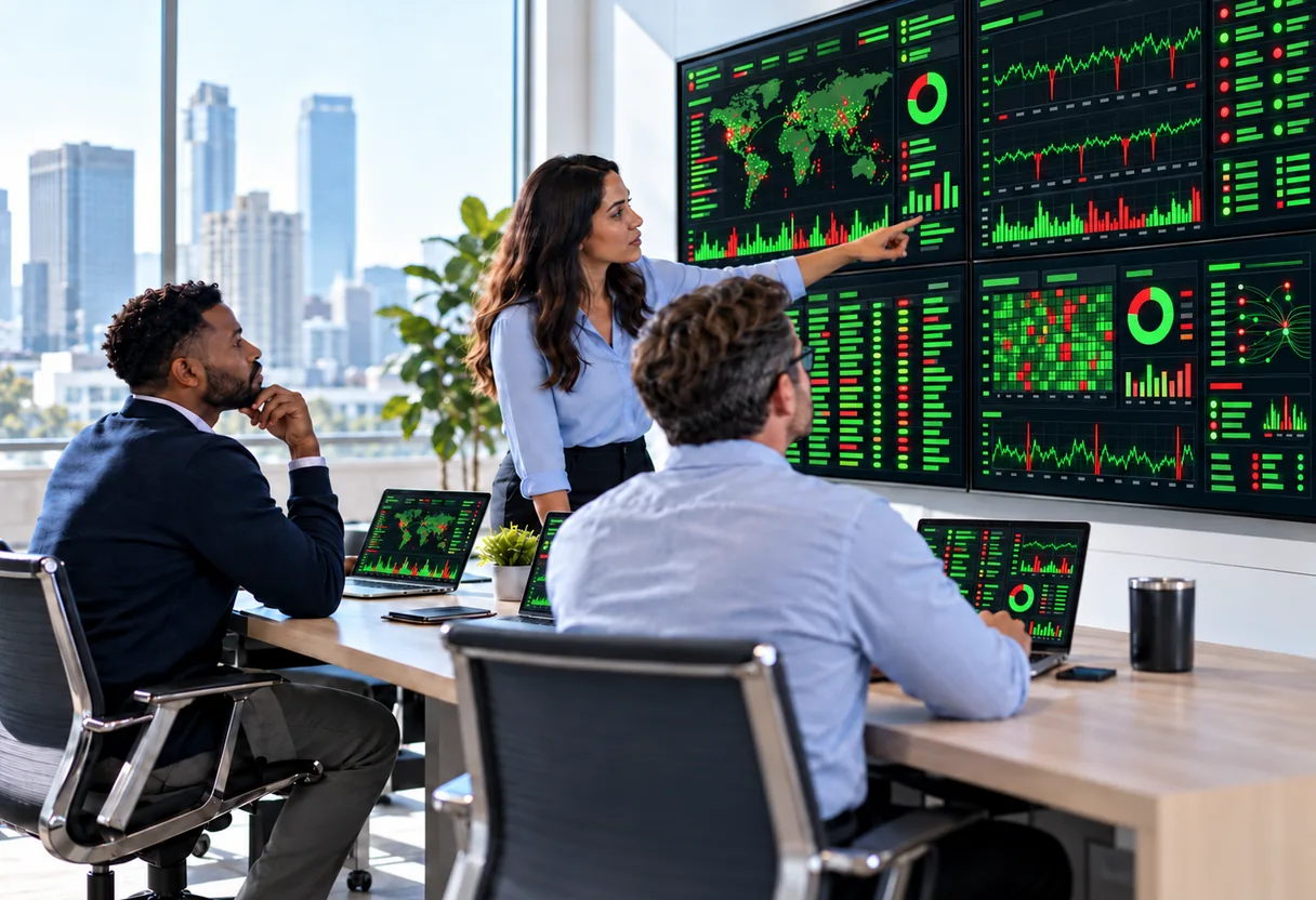 Three colleagues in a conference room reviewing security monitoring dashboards on a wall of screens, with city buildings in the window
