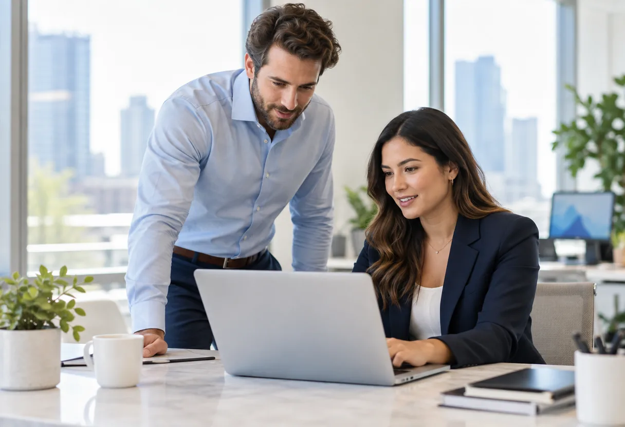 A consultant and a business owner looking at a laptop together at a desk and talking through a plan