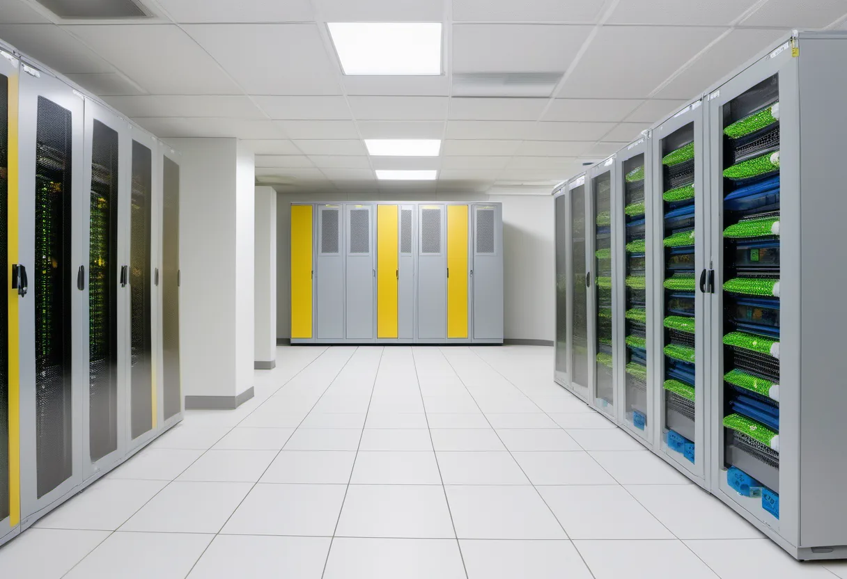 Server racks and storage units in a clean, bright room