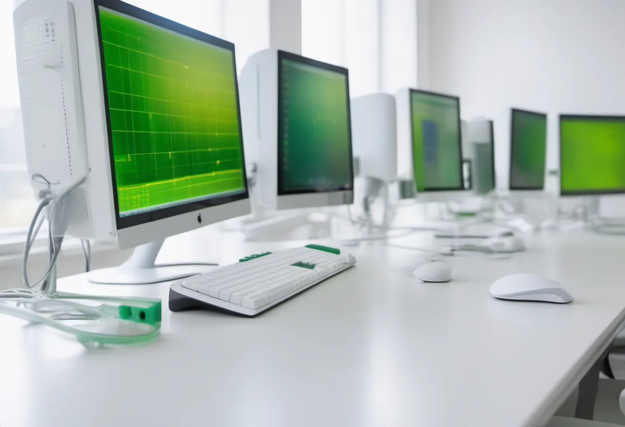 White desk with multiple monitors displaying green interface