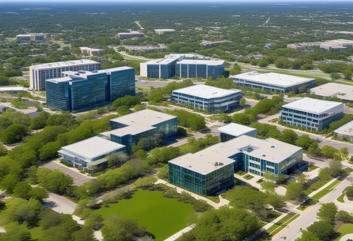 Aerial view of office buildings in the Dallas area