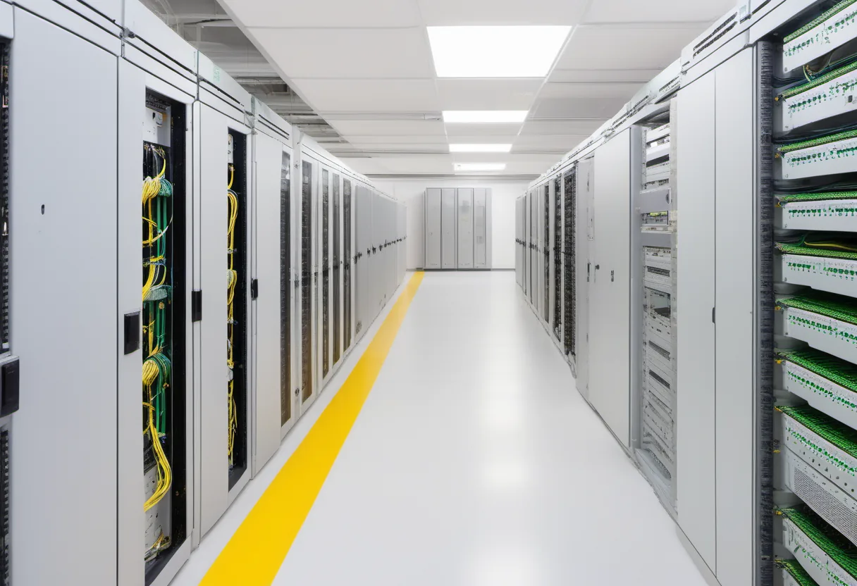 Aisle between gray equipment cabinets strung with yellow cables, a yellow stripe painted along the floor