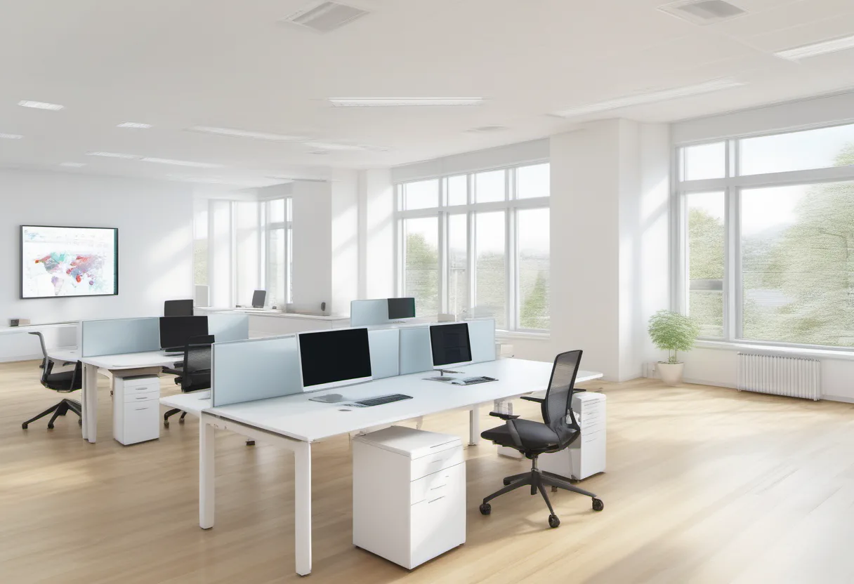 Open plan office with white desks, monitors, blue dividers, black chairs, and tall windows