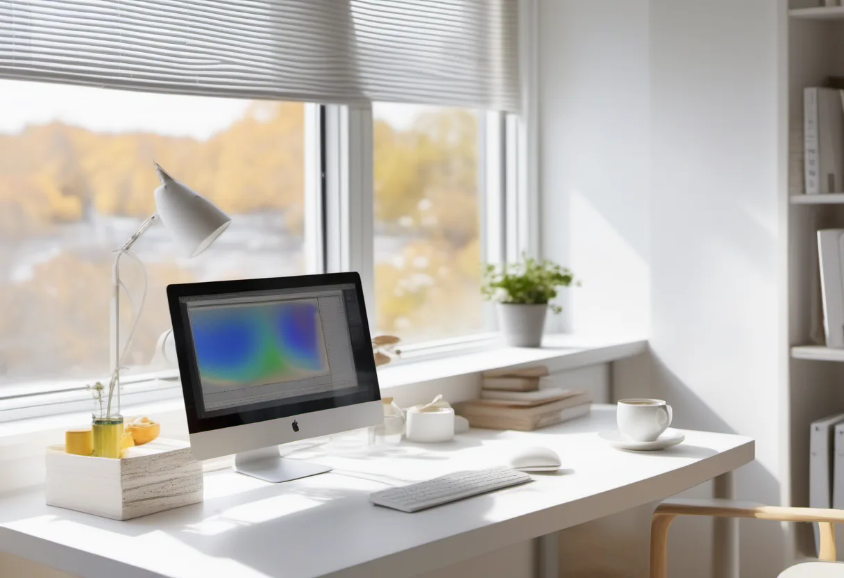 Single monitor on a white desk beside a lamp, books, coffee cup, and a sunlit window