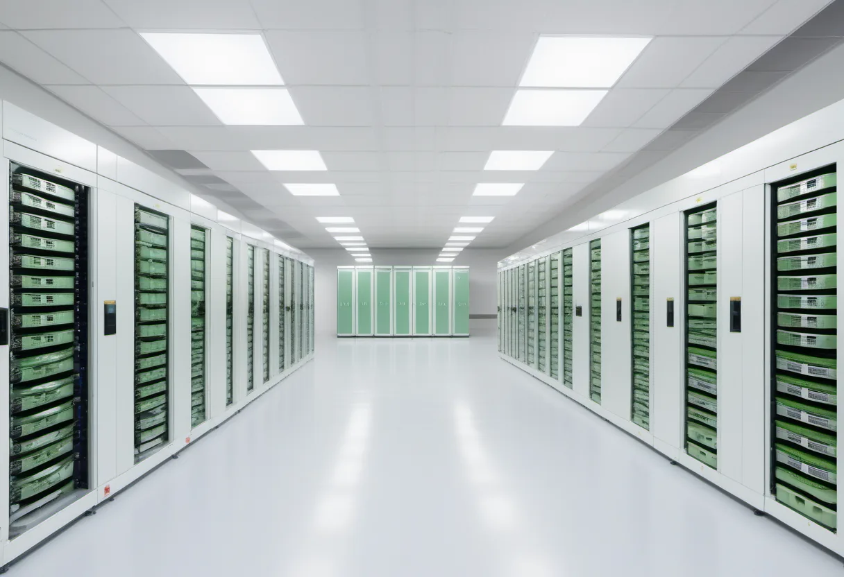 Wide corridor between server racks filled with green lit equipment under bright ceiling panels